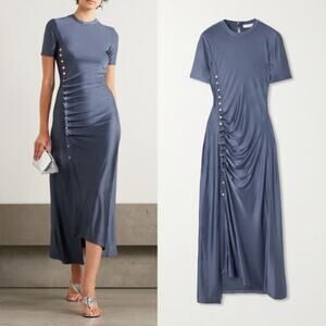 RABANNE | Draped Jersey Snap Button Midi Dress in Ardoise Steel Blue 42 / US 10